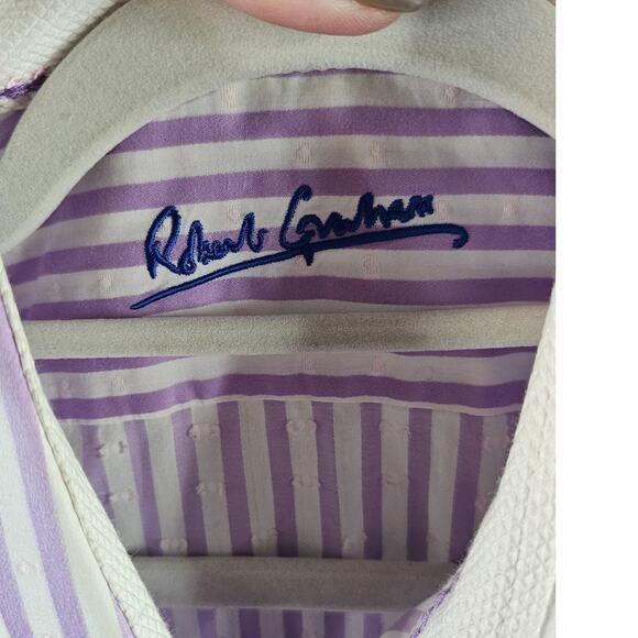 Robert Graham Knowledge Wisdom Truth Purple Striped Mens Shirt w/Flip Up Cuff Lg - Picture 5 of 8